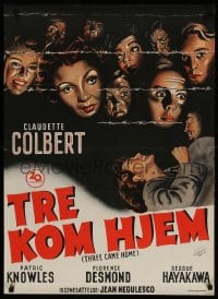 2c081 THREE CAME HOME Danish 1950 artwork of Claudette Colbert & prison women without their men!