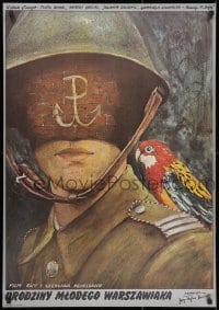 2c382 BIRTHDAY Polish 26x37 1980 Urodziny mlodego warszawiaka, Pagowski art of soldier & bird!