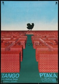 2c421 TANGO PTAKA Polish 27x38 1980 artwork of black bird over maze of bricks by Pawel Petrycki!