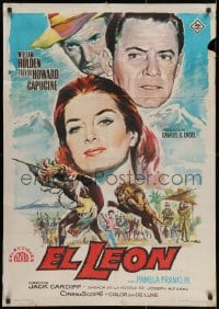 2c223 LION Spanish 1963 cool art of William Holden, Trevor Howard & Capucine in Africa!