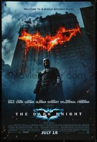 2g200 DARK KNIGHT int'l advance DS 1sh 2008 Christian Bale as Batman in front of burning bat symbol!