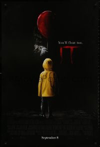 2g471 IT advance DS 1sh 2017 creepy image of Pennywise handing child balloon, you'll float too!