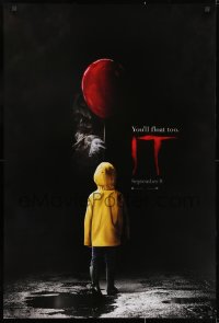 2g472 IT teaser DS 1sh 2017 creepy image of Pennywise handing child balloon, you'll float too!