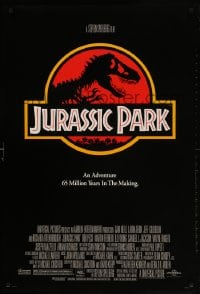 2g490 JURASSIC PARK DS 1sh 1993 Steven Spielberg, classic logo with T-Rex over red background