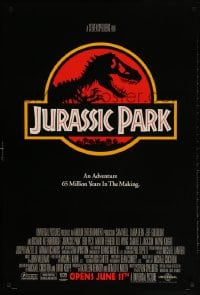 2g489 JURASSIC PARK advance 1sh 1993 Steven Spielberg, classic logo with T-Rex over red background