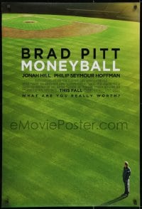 2g607 MONEYBALL advance DS 1sh 2011 Brad Pitt standing on baseball field, white title design!