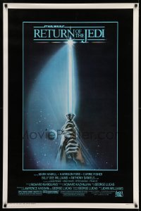 2g007 RETURN OF THE JEDI 1sh 1983 George Lucas, art of hands holding lightsaber by Tim Reamer!