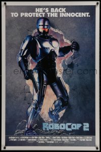 2g759 ROBOCOP 2 int'l 1sh 1990 full-length cyborg policeman Peter Weller busts through wall, sequel!