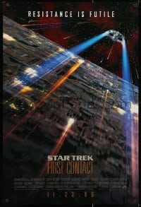 2g857 STAR TREK: FIRST CONTACT int'l advance 1sh 1996 image of starship Enterprise above Borg cube!