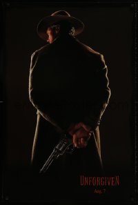 2g942 UNFORGIVEN teaser DS 1sh 1992 image of gunslinger Clint Eastwood w/back turned, dated design!