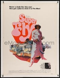 2h020 SUPER FLY linen 30x40 1972 great artwork of Ron O'Neal with car & girl sticking it to The Man!