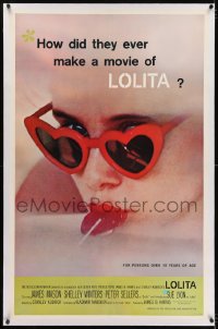 2h177 LOLITA linen 1sh 1962 Stanley Kubrick, sexy Sue Lyon with heart sunglasses & lollipop!