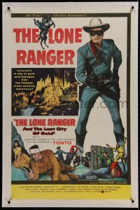 2h178 LONE RANGER & THE LOST CITY OF GOLD linen 1sh 1958 masked Clayton Moore & Jay Silverheels!