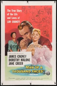 2h190 MAN OF A THOUSAND FACES linen 1sh 1957 art of James Cagney as Lon Chaney Sr. by Reynold Brown!
