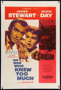 2h191 MAN WHO KNEW TOO MUCH linen 1sh 1956 James Stewart & Doris Day, directed by Alfred Hitchcock!