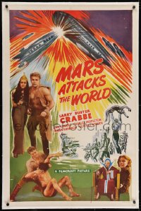 2h192 MARS ATTACKS THE WORLD linen 1sh R1950 Buster Crabbe as Flash Gordon, cool spaceship artwork!