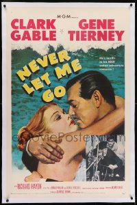 2h208 NEVER LET ME GO linen 1sh 1953 romantic close up artwork of Clark Gable & sexy Gene Tierney!