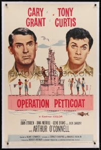2h215 OPERATION PETTICOAT linen 1sh 1959 great artwork of Cary Grant & Tony Curtis on pink submarine!