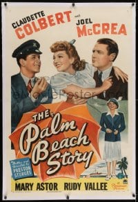 2h219 PALM BEACH STORY linen 1sh 1942 Preston Sturges, Colbert, Joel McCrea, Astor, Vallee, rare!