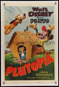 2h229 PLUTOPIA linen 1sh 1950 great art of Mickey Mouse & Pluto + cat in the dog's house, rare!