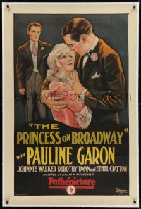 2h232 PRINCESS ON BROADWAY linen 1sh 1927 romantic art of Pauline Garon & Johnnie Walker, very rare!