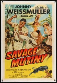 2h254 SAVAGE MUTINY linen 1sh 1953 art of Johnny Weissmuller as Jungle Jim fighting island natives!