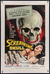 2h257 SCREAMING SKULL linen 1sh 1958 great art of huge skull & sexy girl grabbed by skeleton hand!