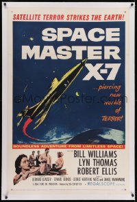 2h271 SPACE MASTER X-7 linen 1sh 1958 satellite terror strikes the Earth, cool art of rocket ship!