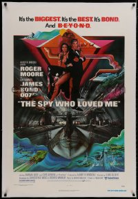 2h274 SPY WHO LOVED ME linen int'l 1sh 1977 cool art of Roger Moore as James Bond by Bob Peak!