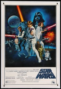 2h276 STAR WARS linen style C int'l 1sh 1977 George Lucas sci-fi epic, art by Tom William Chantrell!