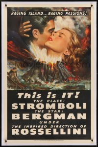 2h277 STROMBOLI linen 1sh 1950 Ingrid Bergman, directed by Roberto Rossellini, cool volcano art!