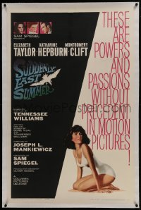 2h278 SUDDENLY, LAST SUMMER linen 1sh 1960 artwork of super sexy Elizabeth Taylor in swimsuit!