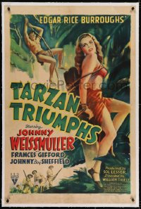 2h284 TARZAN TRIUMPHS linen 1sh 1943 art of Johnny Weismuller & sexy Frances Gifford as Zandra!