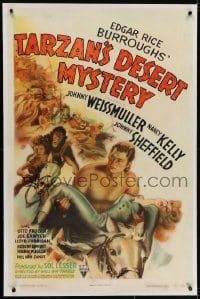 2h285 TARZAN'S DESERT MYSTERY linen 1sh 1943 art of Johnny Weissmuller, Sheffield & Cheetah, rare!