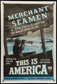 2h295 THIS IS AMERICA: MERCHANT SEAMAN linen 1sh 1943 Liberty cargo ships mass produced in WWII!