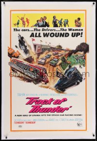 2h304 TRACK OF THUNDER linen 1sh 1967 cool early NASCAR stock car racing & sexy dancers art!