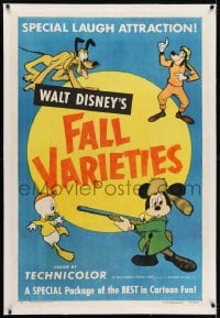 2h316 WALT DISNEY'S FALL VARIETIES linen 1sh 1953 Mickey Mouse with shotgun, Pluto, Goofy, Huey!