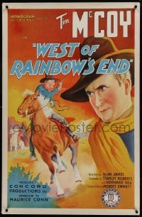 2h318 WEST OF RAINBOW'S END linen 1sh 1938 wonderful art of Tim McCoy c/u & on horse, ultra rare!