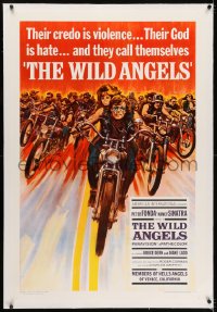 2h322 WILD ANGELS linen 1sh 1966 classic art of biker Peter Fonda & Nancy Sinatra on motorcycle!