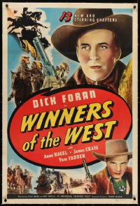 2h325 WINNERS OF THE WEST linen 1sh 1940 cowboy Dick Foran in 13 new & stirring chapters, rare!