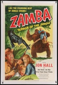2h332 ZAMBA linen 1sh 1949 Jon Hall, June Vincent & Beau Bridges, art of African ape carrying woman!