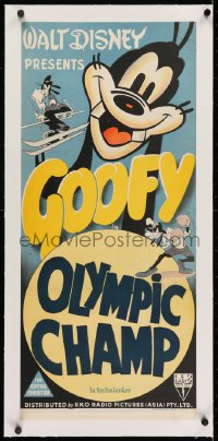 2j335 GOOFY linen Aust daybill 1940s art of Goofy skiing, reading, and boxing, Olympic Champ, rare!