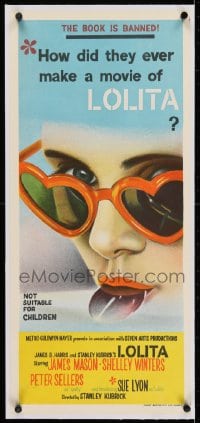 2j339 LOLITA linen Aust daybill 1962 Stanley Kubrick, sexy Sue Lyon w/ heart sunglasses & lollipop!