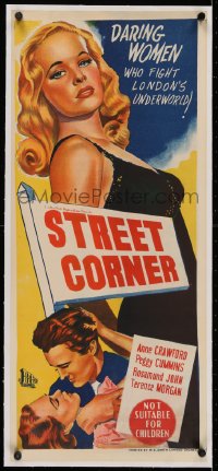 2j344 STREET CORNER linen Aust daybill 1953 full-length art of sexy daring blonde Peggy Cummins!