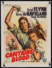 2j256 CAPTAIN BLOOD linen Belgian R1950s Wik art of pirate Errol Flynn & sexy Olivia de Havilland!