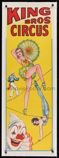 2j137 KING BROS CIRCUS linen 14x42 circus poster 1950s art of sexy female trapeze artists & clown!