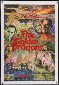2j289 FIVE GOLDEN DRAGONS linen English 1sh 1967 montage art of Chris Lee, Kinski, Raft & Cummings!