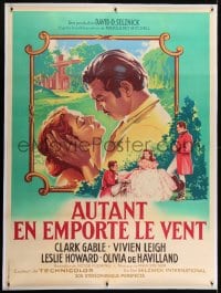 2j024 GONE WITH THE WIND linen French 1p R1955 different Soubie art of Gable & Leigh, very rare!
