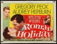 2j115 ROMAN HOLIDAY linen 1/2sh 1953 Audrey Hepburn & Gregory Peck about to kiss & on Vespa, rare!