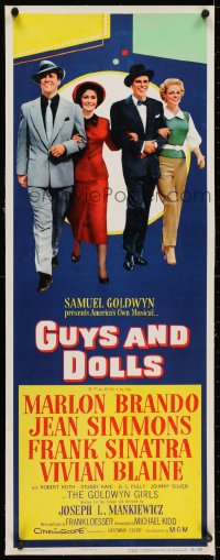 2j061 GUYS & DOLLS linen insert 1955 Marlon Brando, Jean Simmons, Frank Sinatra & Blaine arm-in-arm!